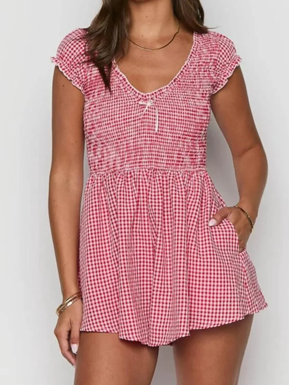 Womens Summer Gingham V Neck Puff Sleeve Smocked Wide Leg Romper Red Small - Picture 4 of 6